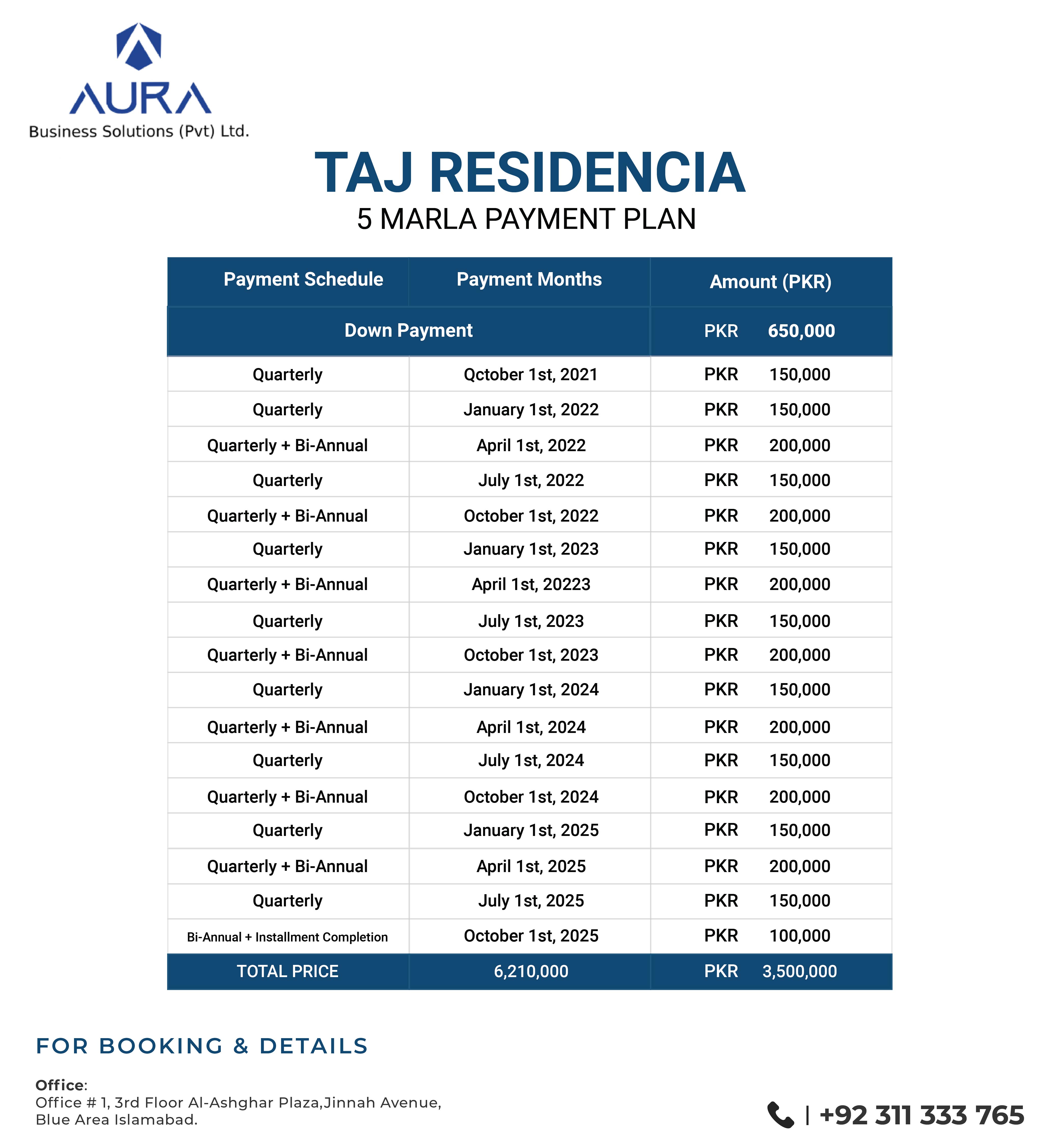 Taj Residencia 5 Marla Payment Plan